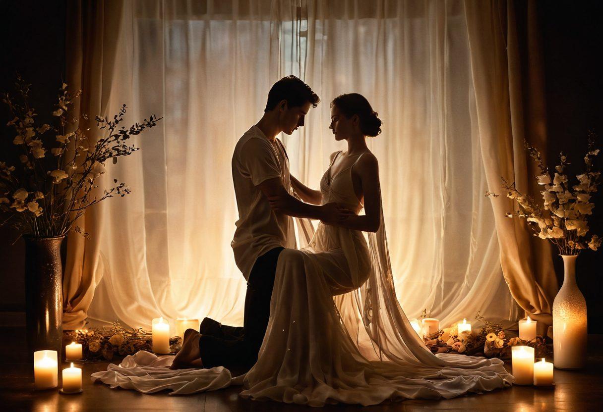 A dimly lit studio with soft, warm lighting, showcasing an elegantly draped sheer fabric that hints at sensuality. In the foreground, a delicate silhouette of a couple intertwined in a loving embrace lies artfully framed. Subtle touches of nature, like wilted petals and fragrant candles, enhance the intimate atmosphere. This composition captures both allure and vulnerability, inviting the viewer to explore deeper emotions. super-realistic. warm tones. soft focus.